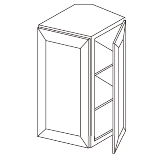 Line drawing of a corner cabinet with one open door and two shelves.